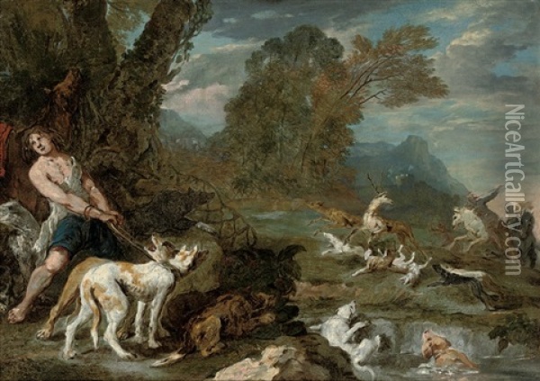 A Deerhunt In A Wooded River Landscape (study) Oil Painting - Ignace Jacques Parrocel
