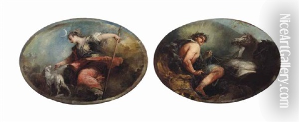 Apollo; And Diana (pair) Oil Painting - Giovanni Antonio Guardi