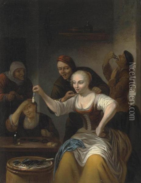 A Barn Interior With A Woman Seated Holding Up Oil Painting - Gerrit Lundens
