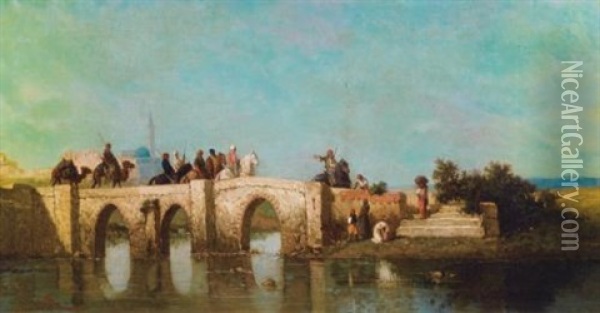 Cavaliers Traversant Un Pont, Asie Mineure  (d'apres Charles-emile Vacher De Tournemine) Oil Painting - Henri Van Wijk