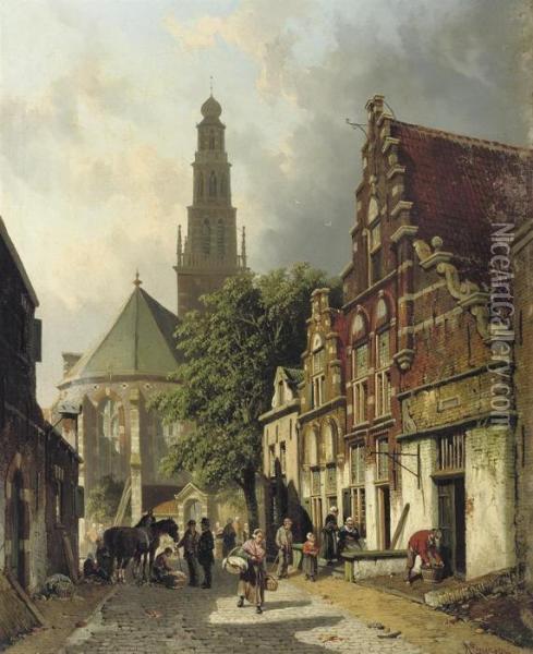 Townspeople In A Sunlit Street In Haarlem With The Waalse Kerkbeyond Oil Painting - Adrianus Eversen