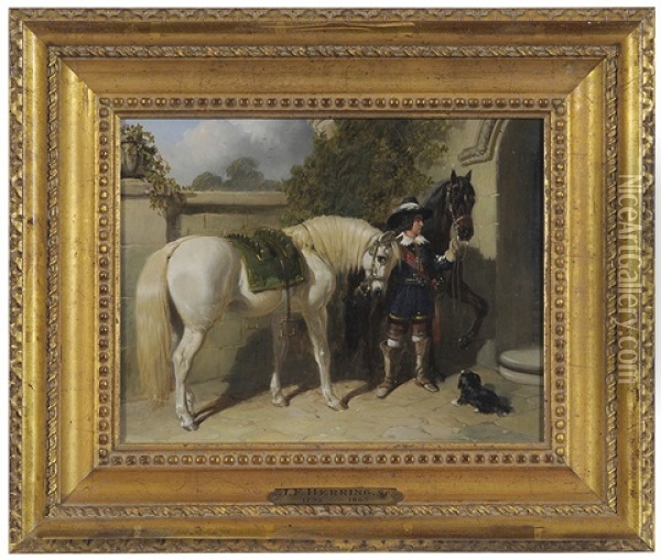 Courtier, Horses And Dog In A Courtyard Oil Painting - John Frederick Herring the Elder