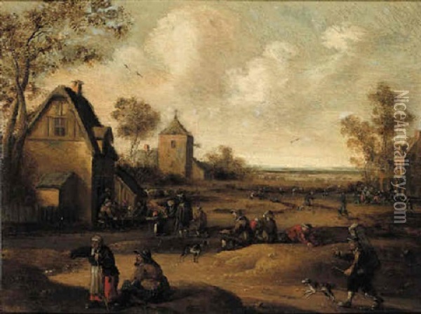 Travellers And Peasants On A Village Street, An Inn In The Distance Oil Painting - Cornelis Droochsloot
