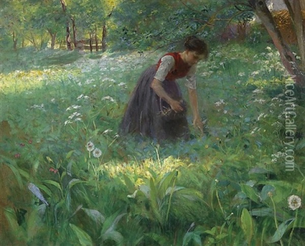 Im Sommerlichen Laubwald. Blumen Pfluckendes Madchen Auf Einer Lichtung Oil Painting - Julius Exter