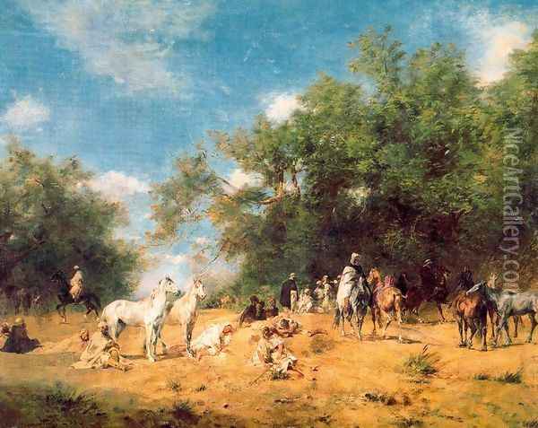 Arab Horsemen Resting Oil Painting - Eugene Fromentin