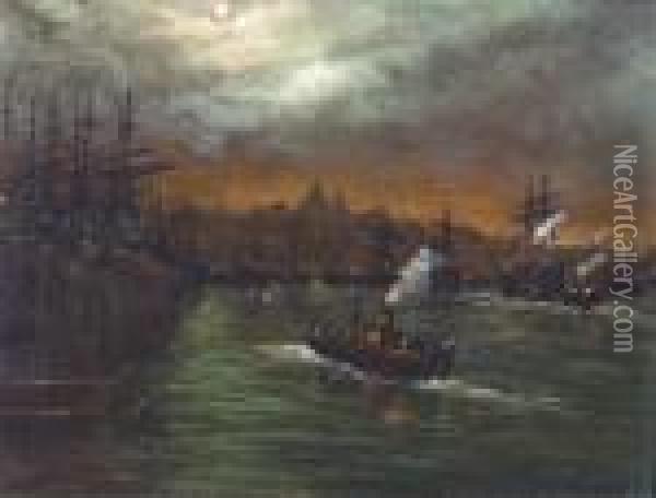 A Busy Harbour Scene At Moonlight Oil Painting - Walter Meegan