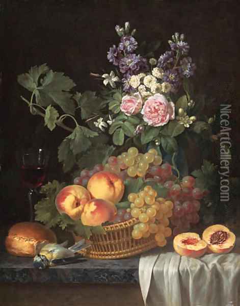 Roses, stocks, jasmine and other flowers in a vase, with peaches and grapes in a basket, a glass of wine, a blue tit Oil Painting - Jean-Joseph-Xavier Bidauld