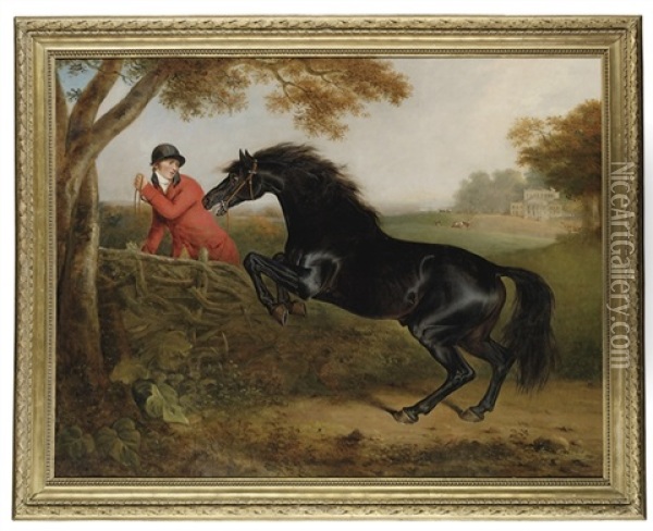 A Dark Bay Hunter Jumping A Fence Oil Painting - Henry Bernard Chalon