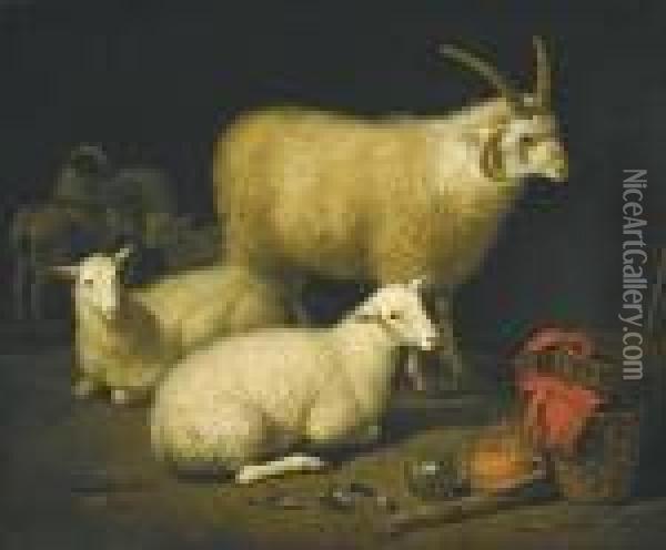 A Barn Interior With A 
Four-horned Ram And Four Ewes, Anda Goat, With A Still Life Of A Basket 
And Upturned Pots To Theright Oil Painting - Aelbert Cuyp