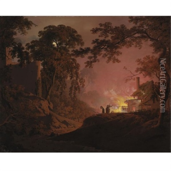A Cottage On Fire: A Moonlit Landscape With Figures By A Burning Cottage And The Ruins Of A Castle Beyond Oil Painting - Joseph Wright