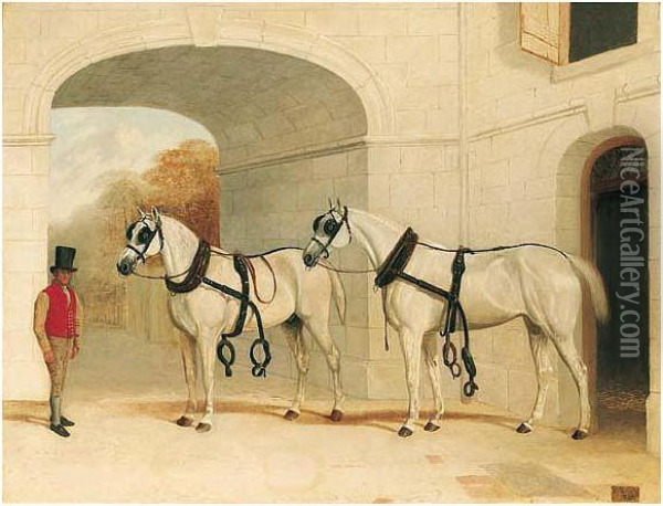 Two Carriage Horses In A Stable Oil Painting - E. Brown