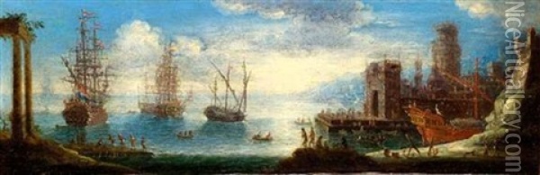 Navires Dans Un Port Mediterraneen Au Coucher Du Soleil Oil Painting - Orazio Grevenbroeck