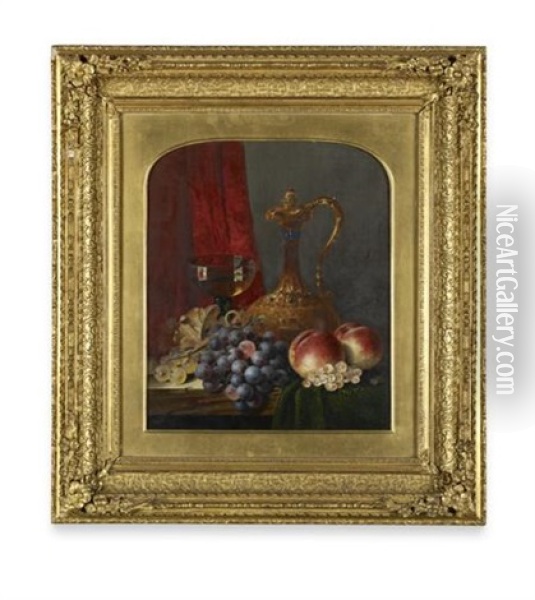 A Still Life Of Fruit Wine Glass And Decanter Oil Painting - Edward Ladell