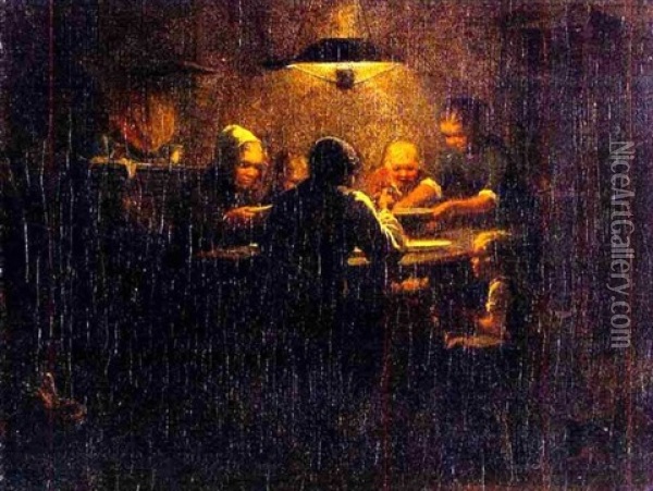 Zufriedene Bauernfamilie Am Abendtisch Oil Painting - Hugo Wilhelm Kauffmann