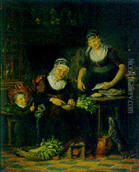 Women Preparing A Meal In A Parlour By A Young Boy And A Cat Oil Painting - Johannes Petrus van Horstok