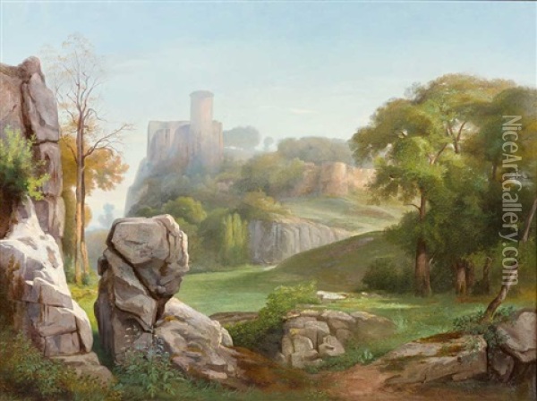 Romantische Flusslandschaft Mit Malerischer Burgbefestigung Oil Painting - Gustave Joseph Noel