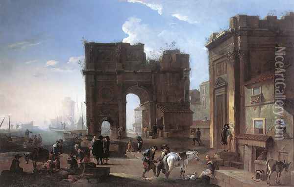 Harbour View with Triumphal Arch c. 1650 Oil Painting - Alessandro Salucci