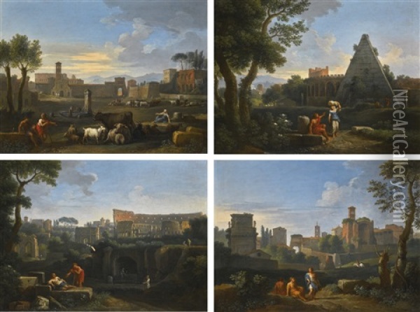 Rome, Four Classical Views With Figures: The Campo Vaccino; The Colosseum And The Arch Of Constantine; The Pyramid Of Cestius; And The Arch Of Constantine, With The Arch Of Titus, The Tower Of The Campidoglio, The Temple Of Venus And The Clock Tower Of Sa Oil Painting - Jan Frans van Bloemen