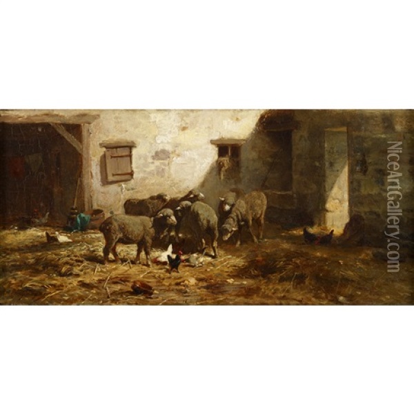 Sheep In A Farmyard Oil Painting - Charles Emile Jacque