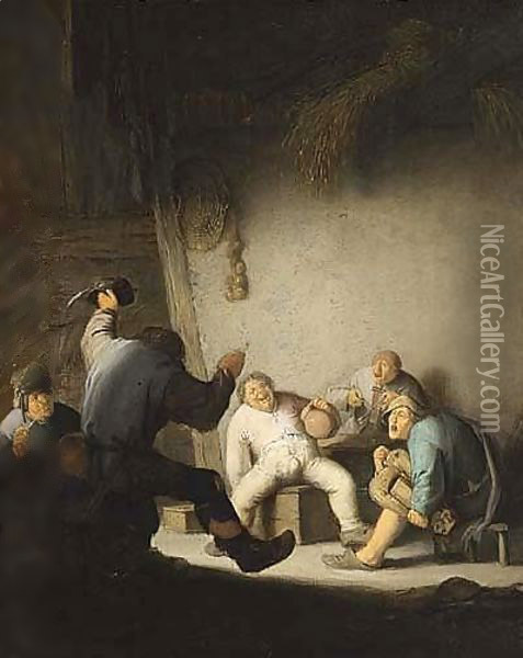 Peasants Drinking and Making Music in a Barn Oil Painting - Adriaen Jansz. Van Ostade