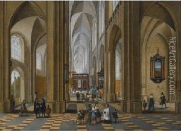 The Interior Of A Gothic 
Cathedral With Elegant Figures Strollingand Others Attending A Mass Oil Painting - Pieter Neefs The Elder, Frans The Younger Francken