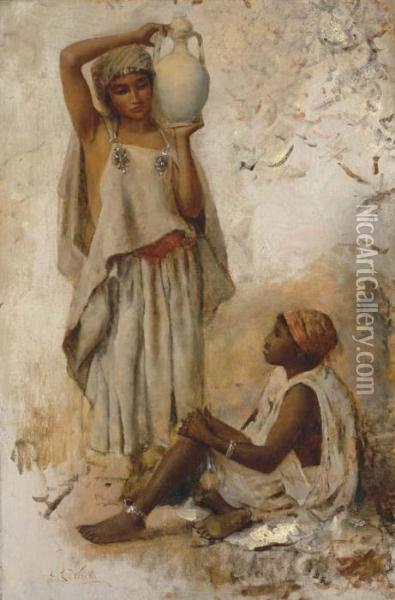 A Moorish Country Woman With A Jar And A Slave Girl Oil Painting - Edwin Lord Weeks