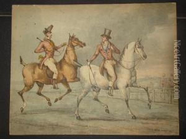 Two Gentleman Arriving At The Races On Horseback Oil Painting - Henry Thomas Alken