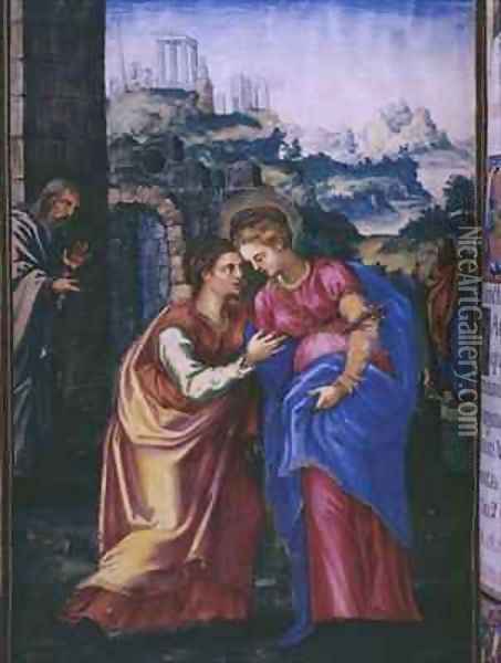 Visitation from a facsimile of the Breviary of King Philip II of Spain Oil Painting - Julian Fuente del Saz