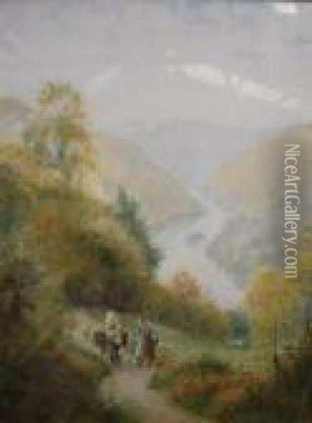 Figures On A Country Path With Woodland And A River Beyond Oil Painting - Harry Sutton Palmer