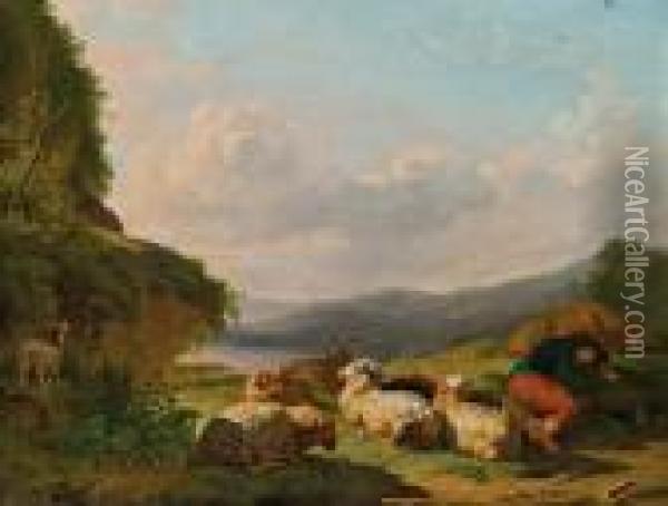 Landschaft Mit Hirte, Kuh, Schafe Und Ziegen Oil Painting - Balthasar Paul Ommeganck