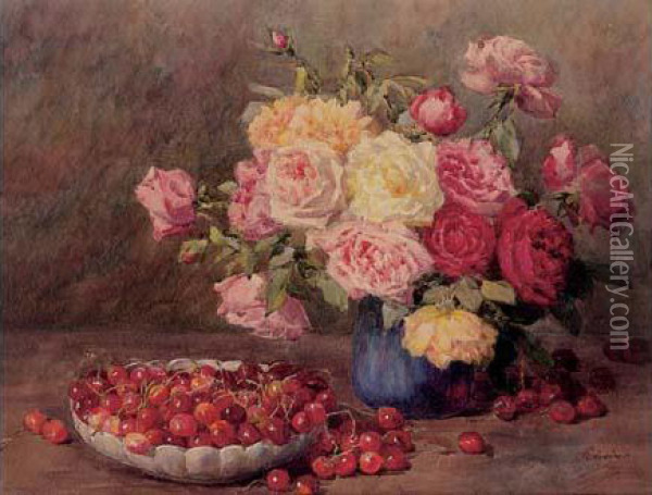 Nature Morte Au Bouquet De Roses Et Aux Cerises Oil Painting - Francois Rivoire