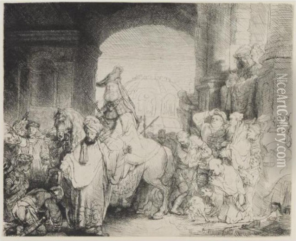 The Triumph Of Mordecai (b., Holl.40; H.172; Bb.41-l) Oil Painting - Rembrandt Van Rijn