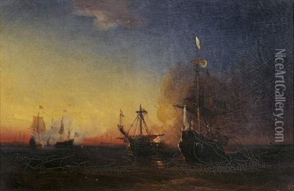 Combat Naval Oil Painting - Antoine Leon Morel-Fatio