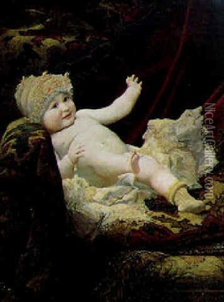 Bildnis Eines Auf Ein Sofa Gebettetes Baby Mit Spitzenhaube Oil Painting - Ernst Klimt