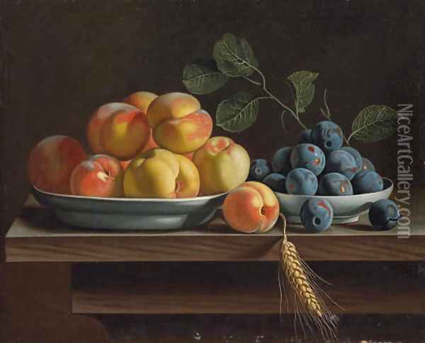 Peaches and plums in white porcelain bowls, with a sheaf of corn on a wooden table Oil Painting - Jean Valette-Falgores