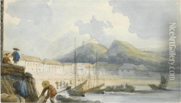 Chinese Boatmen At Macao; Indian Women Washing At The Banks Of A River ( Oil Painting - George Chinnery