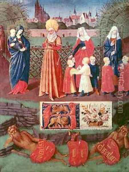 Nouv Acq Lat 1416 f.121r St Anne with three married women Oil Painting - Jean Fouquet