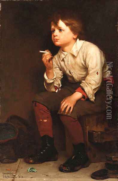 Shoeshine Boy Smoking Oil Painting - John George Brown