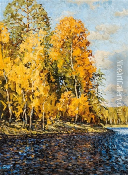 Impressionistic Riparian Landscape In Autumn Oil Painting - Stanislaw Zukowski