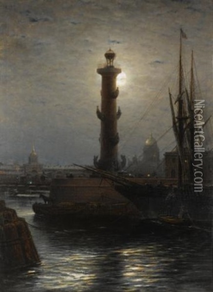 The Rostral Column Near The Stock Exchange, St Petersburg Oil Painting - Aleksei Petrovich Bogolyubov