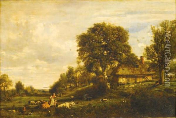 Chaumiere Normande Animee Oil Painting - Nicolas Louis Cabat
