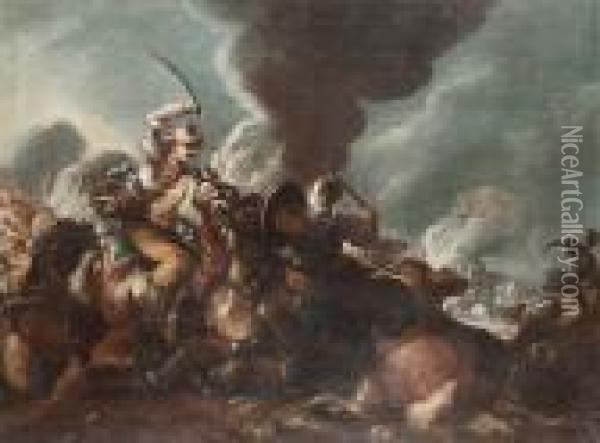 A Cavalry Skirmish Between Turks And Christians Oil Painting - Marzio Masturzio
