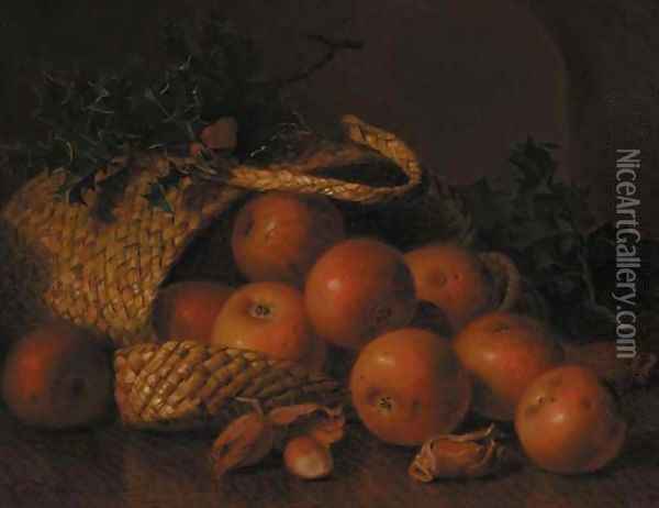 Cobnuts, holly and apples in a wicker basket, on a wooden ledge Oil Painting - Eloise Harriet Stannard