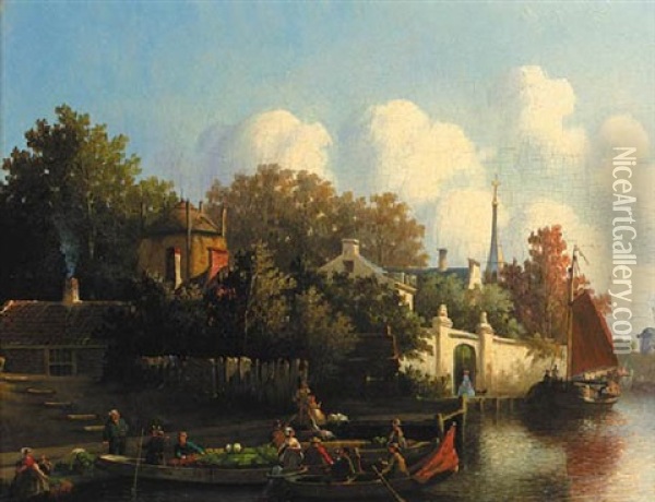 A Village Scene: Merchants In Rowing Boats Oil Painting - Joseph Bles