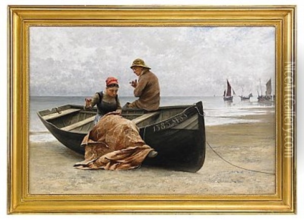 Fiskare Och Flicka Pa Stranden I Bretagne Oil Painting - August Vilhelm Nikolaus Hagborg