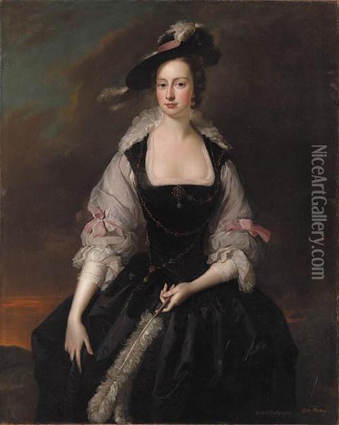 Portrait Of Lady Frances 
Courtenay (d.1761), Daughter Of Heneagefinch, 2nd Earl Of Aylesford, 
Three-quarter-length, In Black Andwhite Van Dyck Costume With Pink Bows,
 In A Landscape Oil Painting - Thomas Hudson