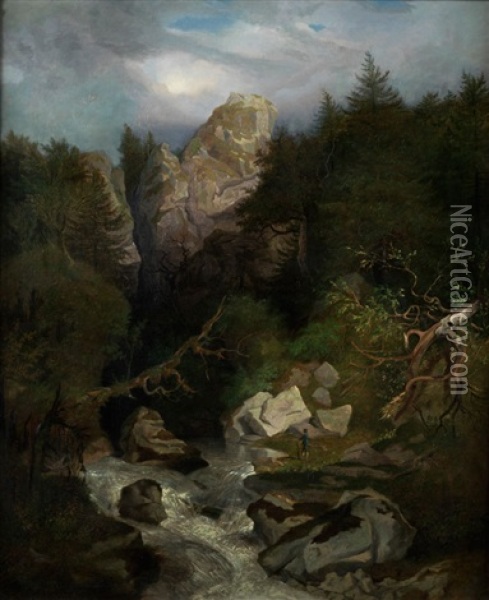 Gebirgslandschaft Mit Fluss Und Wanderer Oil Painting - Heinrich Heinlein