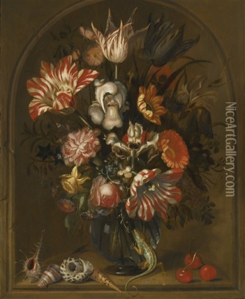 Still Life Of Flowers In A Glass Vase Within A Niche, With Cherries, Shells And A Lizard Oil Painting - Jacob Marrel