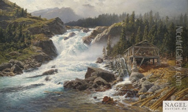 Norwegischer Wasserfall. Muhle An Reisendem Fluss Oil Painting - Karl Paul Themistocles von Eckenbrecher