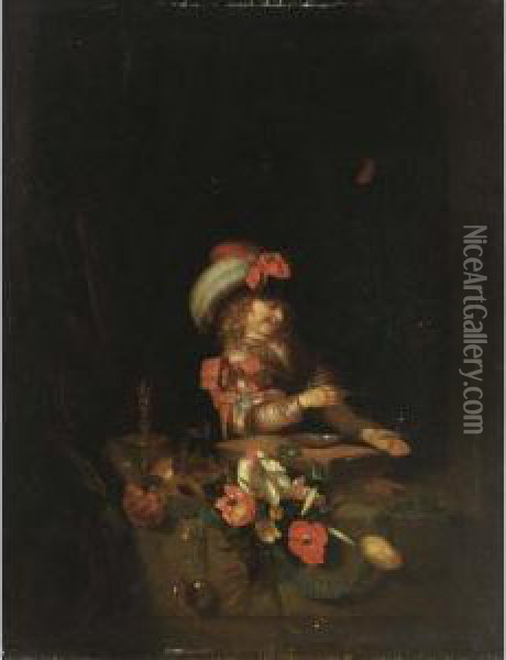 Vanitas: A Boy In A Window 
Blowing Bubbles, With A Skull, Flowers, A Watch, A Candle And A 
Butterfly Oil Painting - Adriaen Van Der Werff